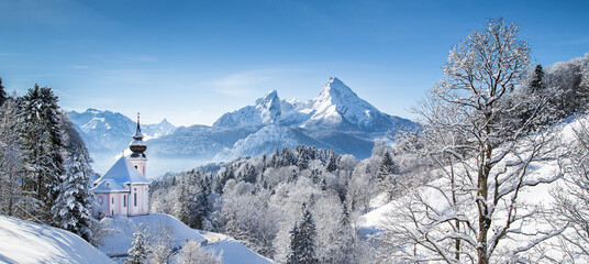 Leinwandbilder - Maria Gern Church On Snowcapped Mountains Against Blue Sky