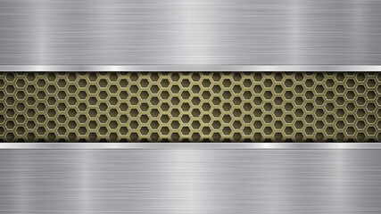 Background of golden perforated metallic surface with holes and two silver horizontal polished plates with a metal texture, glares and shiny edges