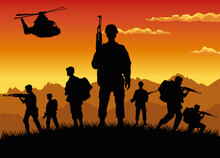Military Soldiers With Guns And Helicopter Silhouettes Sunset Scene