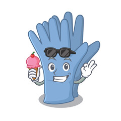 Sticker - A cartoon drawing of medical gloves holding cone ice cream