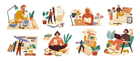 Set of professional journalist, copywriter, content manager, blogger with laptop, pencil, book. Concept of computer work, text typing, posting. Cartoon flat vector illustration on white background