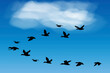 Flying birds in the blue sky. Black silhouettes of pigeons swallows. Realistic sketch of a flock of birds. Vector image. Stock Photo.