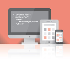 Computer, tablet and mobile phone and HTML source code application screen. Cross platform programming development, Javascript, Python, PHP, C++, Perl, Swift, Go languages, operating systems concepts