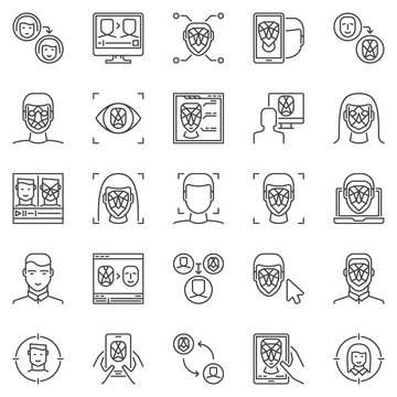 Face Recognition and Authentication outline icons set. Vector Deepfake technology concept symbols. Facial Recognition and verification linear signs