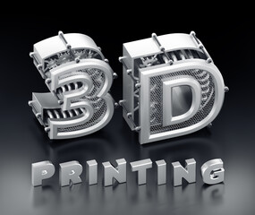 Aufkleber - 3D Printing Typography. Three-dimensional font characters, which are represents abstract mechanisms composed into the abbreviation 3D and standing behind of the word Printing. 3D rendering graphics.