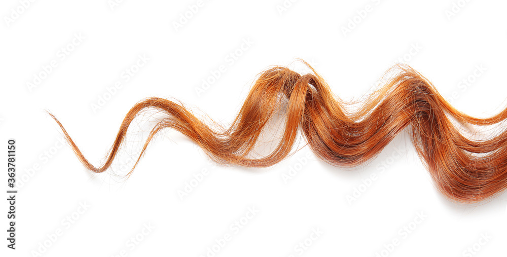 Curly red hair on white background