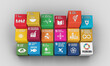 Sustainable Development Goals Blocks-3D Rendered Illustration SDG Icons Symbols for Presentation Article, Website Report, Brochure, Poster for NGO, or Social Movements. 2030. 