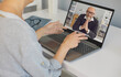 © Studio Romantic - Senior man makes a video call chat using laptop technology webcam application at home.