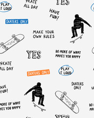 Wall Mural - Hand drawn skateboarding elements seamless pattern. Skate background. Skateboarding doodle illustration. Vector illustration. 