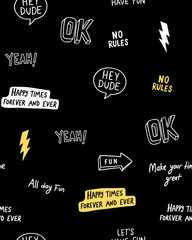 Wall Mural - hand drawn slogans with some illustrations. Vector seamless pattern