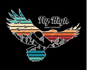 Vector illustration of a flying eagle with a mountains landscape. For t-shirt prints, posters an other uses.