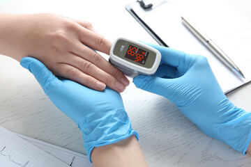 doctor examining patient with fingertip pulse oximeter at white wooden table, closeup