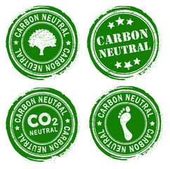 Carbon neutral green round retro style grunge seal set. Vector Illustration image. Isolated on white background. climate change ink rubber stamp. Eco, co2, nature. Ecology logo symbol collection.