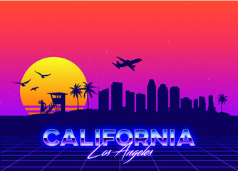 Wall Mural - Los Angeles California USA Skyline Synthwave Vaporwave Retro Vactor Graphic Palms