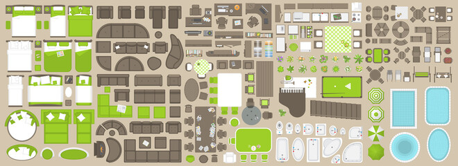 Wall Mural - Icons set of interior. Furniture top view. Elements for the floor plan. (view from above). Furniture and elements for living room, bedroom, kitchen, bathroom, office.