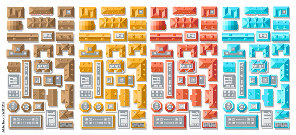 Vector set. Roofs of houses of different colors. Top view. Cityscape ...