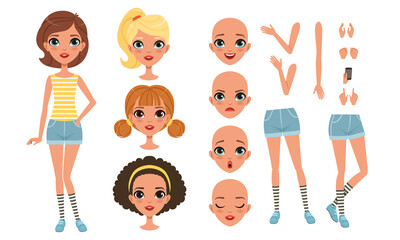 Wall Mural - Cute Girl Constructor for Animation, Front View of Female Character in Various Poses and Hairstyles, Separate Girl Body Parts Collection Cartoon Style Vector Illustration