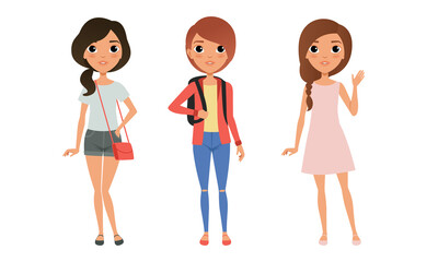 Wall Mural - Three Girls Dressed in Trendy Clothes Standing Together, Group of Cute Teenagers Characters Cartoon Style Vector Illustration