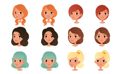 Wall Mural - Heads of Cute Girls Set, Pretty Female Characters with Various Hairstyles Cartoon Style Vector Illustration