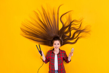 Sticker - Top view above high angle flat lay flatlay lie concept of her she nice cheerful long-haired girl using modern ceramic iron comb choosing isolated on bright vivid shine vibrant yellow color background