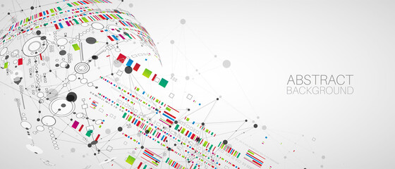 Abstract technology concept with plexus effect. Circuit board, high computer color background. Vector illustration with space for content, web - template, business tech presentation.