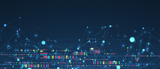 Abstract technology concept with plexus effect. Circuit board, high computer color background. Vector illustration with space for content, web - template, business tech presentation.