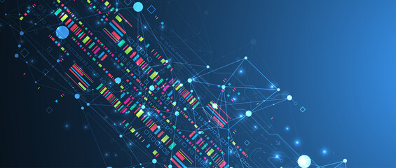 Abstract technology concept with plexus effect. Circuit board, high computer color background. Vector illustration with space for content, web - template, business tech presentation.