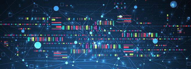Abstract technology concept with plexus effect. Circuit board, high computer color background. Vector illustration with space for content, web - template, business tech presentation.