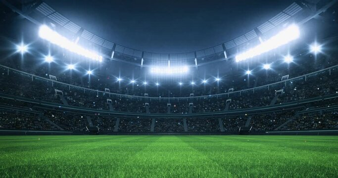 Wall Mural -  - Sports Video background with a stadium full of spectators, grass pitch and with spotlights on. Sport building 4k loop animation.
