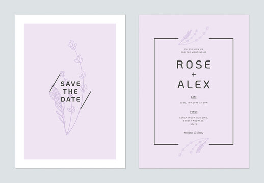 Minimalist floral wedding invitation card template design, floral line art ink drawing on bright purple