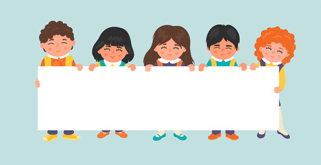 School children holding empty banner. Kids with white board. Education, teaching, studying, school vector illustration with place for your text. 