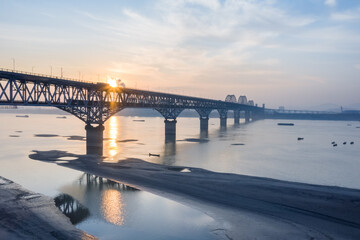 Sticker - railway and highway combined bridge in sunrise