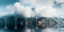 Coastal Wind Turbine Farm Park In Situated In Wilderness Scenery With Majestic Mountain Peak Above Clouds. 3d Rendering.