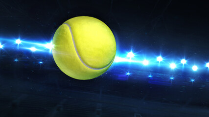 Wall Mural - Flying Tennis Ball And Shiny Spotlights Behind. Digital 3D illustration of sport equipment for background use.