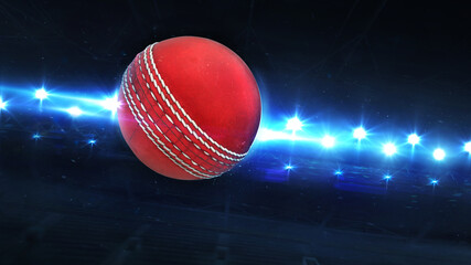 Wall Mural - Flying Cricket Ball And Shiny Spotlights Behind. Digital 3D illustration of sport equipment for background use.