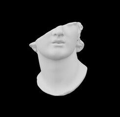 Fragment of broken colossal head sculpture in classical antique style isolated on black background in grey scale. 3D rendered illustration.