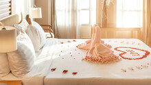 Two Towel Swans Shaped On The Bed In Wedding Ceremony Day, Honey Moon Bed