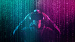 Portrait of a man in virtual reality helmet over abstract digital background. Obscured dark face in VR goggles. Internet, darknet, gaming and cyber simulation.