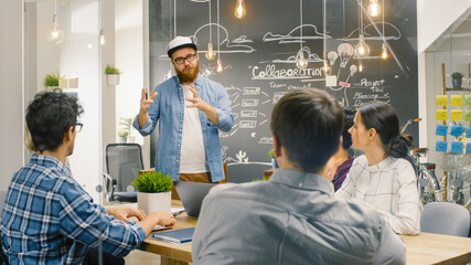Poster - Creative Project Manager Talks to Talented Young Developers at the Team Meeting, They Discuss, Aims, Goals and New Year Plans. Stylish Business Office. 