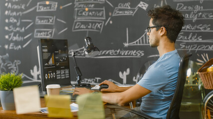 Poster - Creative Developer Work on a Personal Computer while Sitting at His Desk. He is Working in Modern Stylish Loft Office.