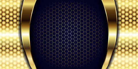 Poster - Luxury navy blue overlap background with realistic gold line and hexagon on shiny golden