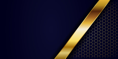 Poster - Luxury navy blue overlap background with realistic gold line and hexagon on shiny golden