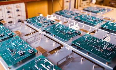 Microcircuits and components lie on metal plates