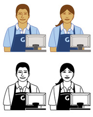 Wall Mural - set of cashier, clerk vector icons male and female, wearing apron with register, isolated on a white background