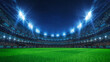 Sport stadium with grandstands full of fans, shining night lights and green grass playground. Digital 3D illustration of sport stadium for background use.