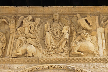 Christ Pantocrator of the sculpted frieze above the doorway of Santiago romanesque church. Was built in the middle of the 12th century on the main street that crosses the city of Carrión de los Condes