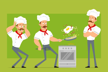 Wall Mural - Cartoon flat funny strong chef cook man character in white uniform and baker hat. Boy scared and cooking fried egg with bacon. Ready for animation. Isolated on olive background. Vector icon set.