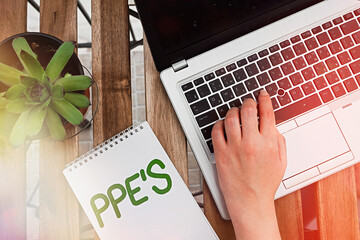 Poster - Text sign showing Ppe s is. Business photo showcasing Specialized equipment for protection against health and safety hazard Personal workplace overview with laptop device used for individual interest