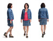© Curto - front, side and rear view of a woman walking with denim skirt and jacket on white background,