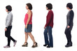 © Curto - woman dressed in different outfits like sportswear, blue jeans, dress and skirt walking on white background